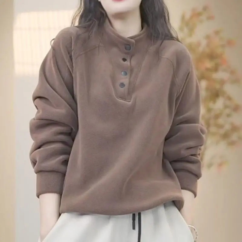 No Hat Hoodies Women Autumn College Basic Solid Casual All-match Stand Collar Button Trendy High Street Korean Style Mujer Cozy
