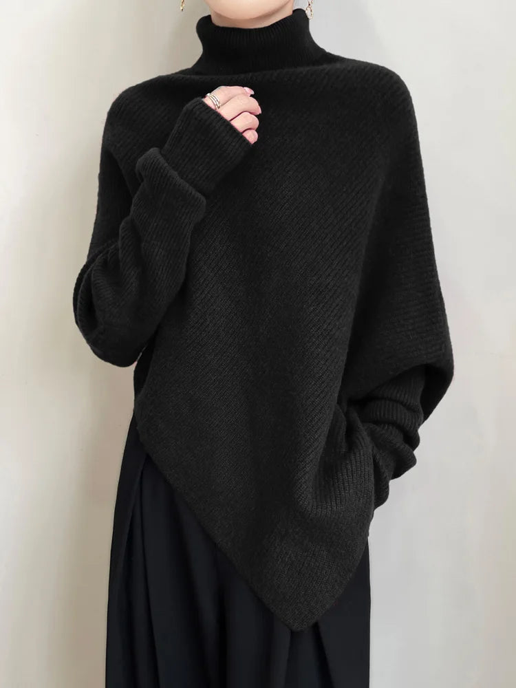 100% Merino Wool Autumn Winter Batwing Sleeves High Neck Pullover Long Sleeve Knitwear Trendy Stylish Warm Women Cashmere Top