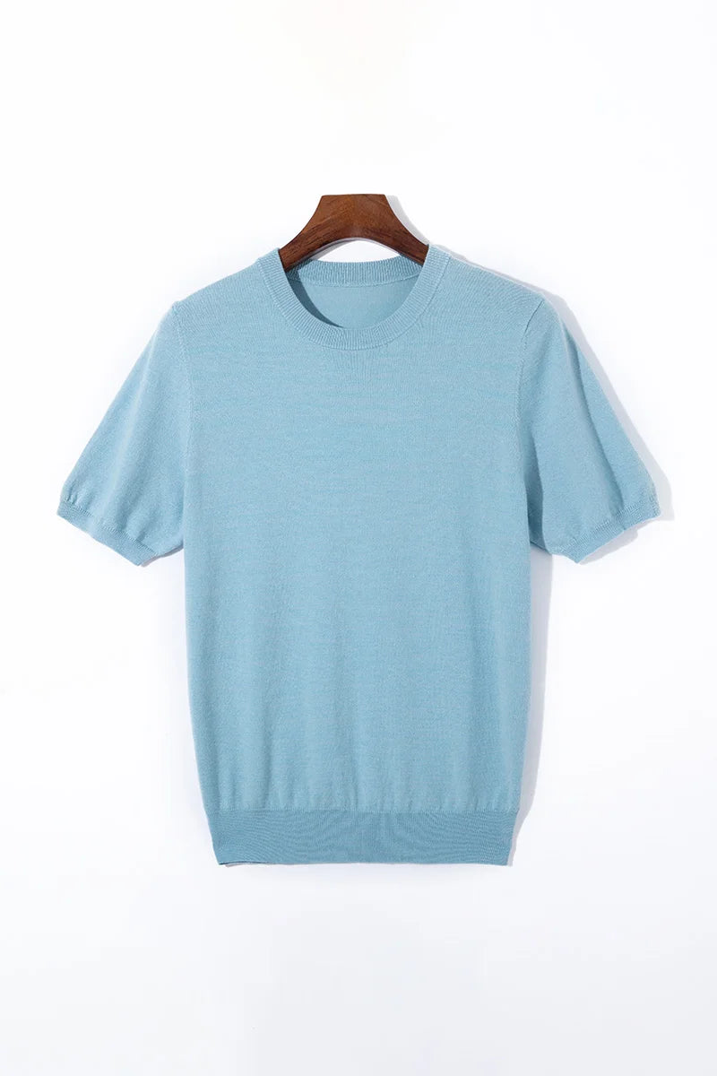 Summer Classic Short Sleeve Men Knitwear Silk Wool blend Sweater O-Neck Loose Cool Quality Business Pullover Basic Clothing Tops
