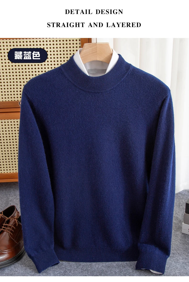 New Fashion Men's 100% Wool Pullover Half-high Collar Sweater Autumn Winter Warm Solid Color Knit Sweater Business Casual Top