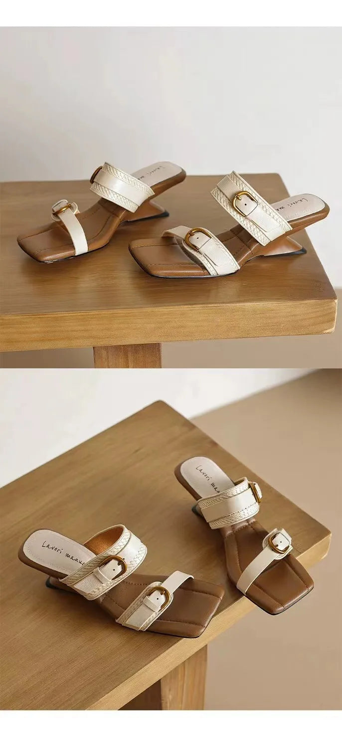 Vintage Braided Belt Buckle Open Toe Wedges Women's Summer New Square-toed High-heeled Slippers