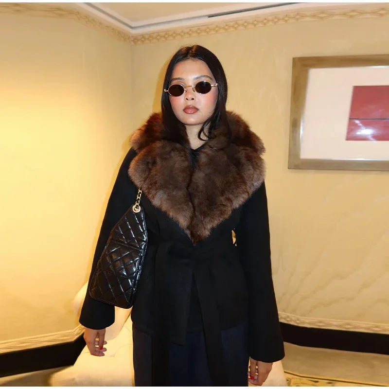 Elegant Shawl Faux Fur Women Coat Lace Up Full Sleeve Belted Waist Lapel Woolen Female Jacket 2025 Autumn Winter Lady Outwears
