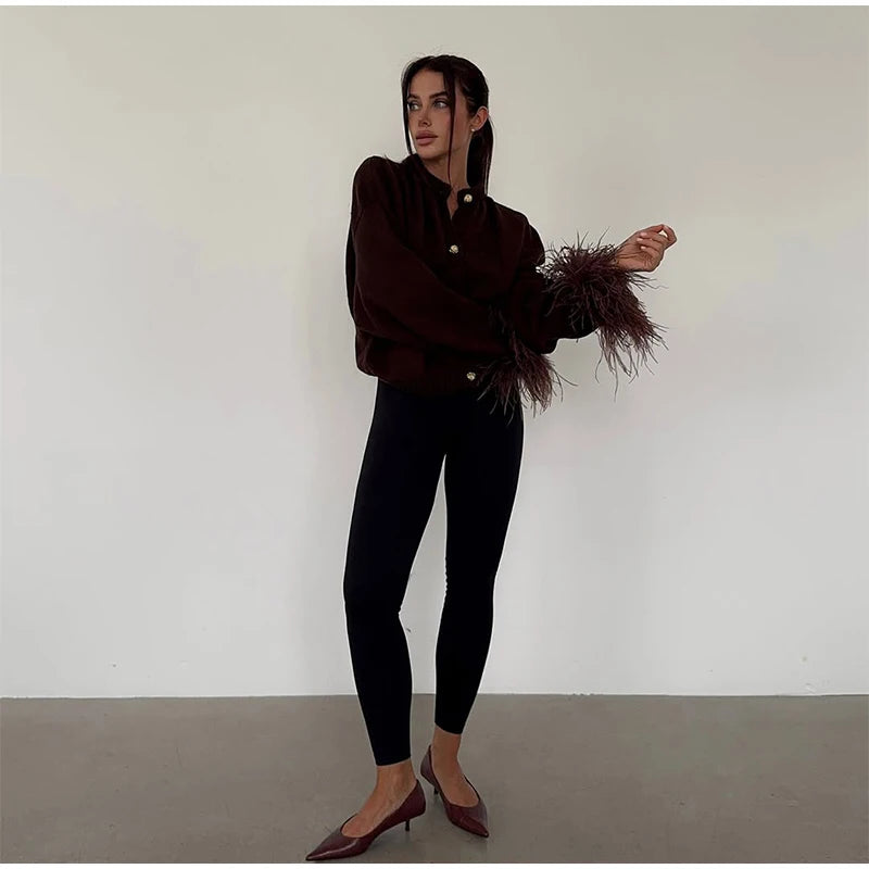 Feather Patchwork Knitted Cardigan Women Chic O-neck Long Sleeve Single-breasted Short Sweater 2025 Lady High Street Knitwear 