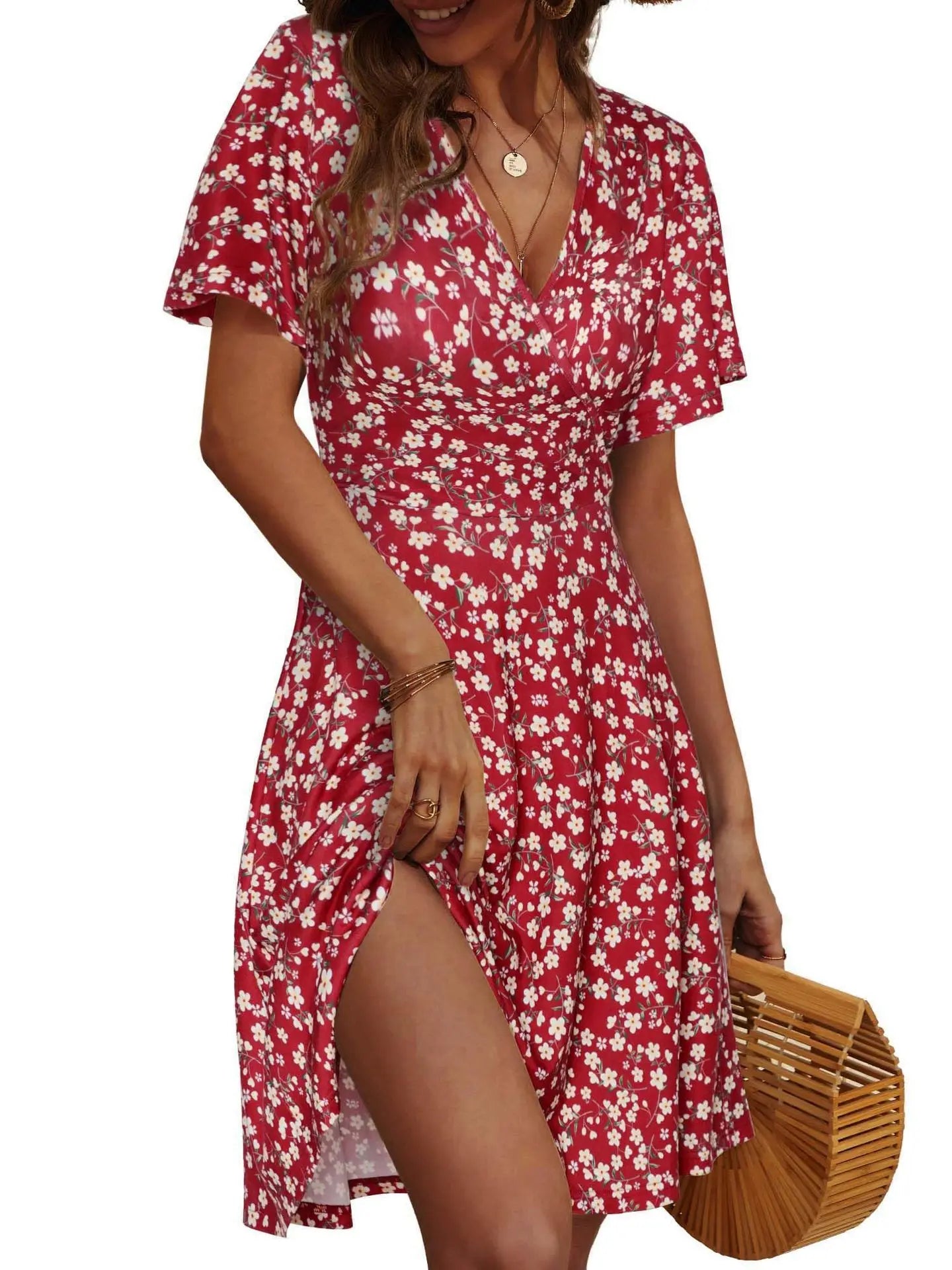 2025 Cross-border Amazon independent station explosion, summer flower short-sleeved package V-neck A line Midi dress