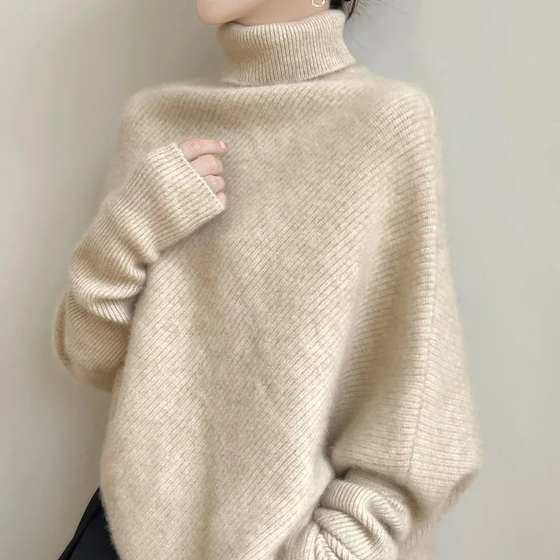 100% Merino Wool Autumn Winter Batwing Sleeves High Neck Pullover Long Sleeve Knitwear Trendy Stylish Warm Women Cashmere Top