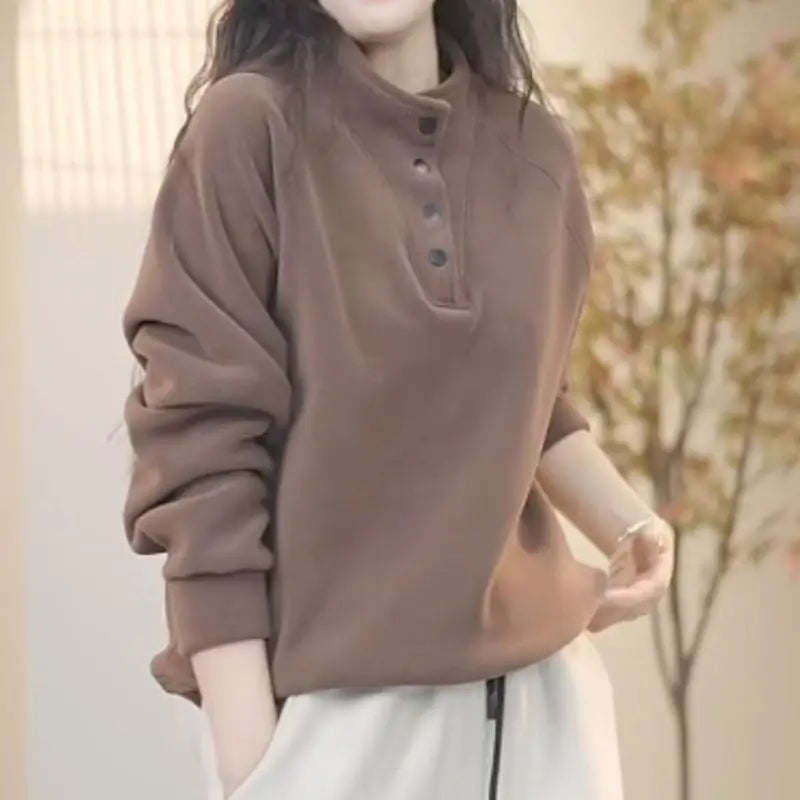 No Hat Hoodies Women Autumn College Basic Solid Casual All-match Stand Collar Button Trendy High Street Korean Style Mujer Cozy