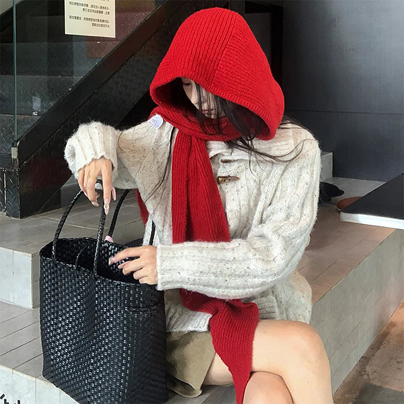 Winter Y2K Wool Knitted Balaclava Hat Fashion Fake Collar Shawl Hooded Hat Outdoor Pullover One-piece Neck Collar Warm Beanies