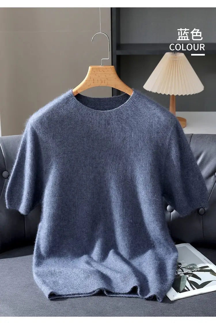 100% Mink Cashmere Knit Sweater Men's T-Shirt Spring Summer Loose O-Neck Solid Color Casual Business Base Pullover Short Sleeve