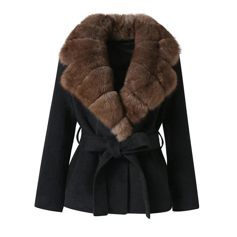 Elegant Shawl Faux Fur Women Coat Lace Up Full Sleeve Belted Waist Lapel Woolen Female Jacket 2025 Autumn Winter Lady Outwears