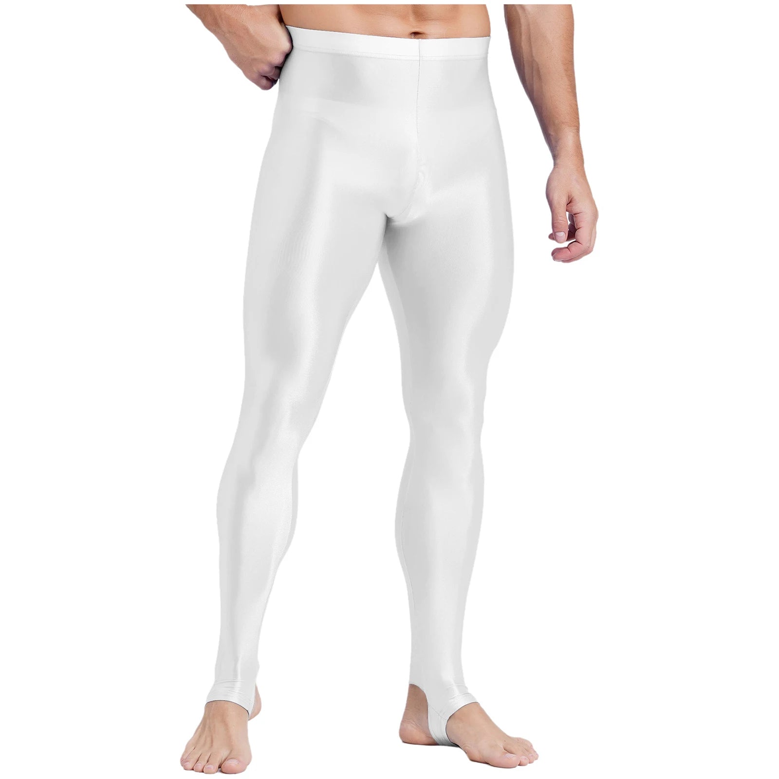 Mens Glossy Sports Pants Stirrup Leggings High Waist Elastic Waist Tights Gym Workout Pants Tummy Control Yoga Fitness Pants