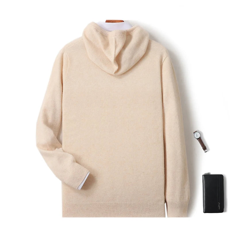 Fall/Winter 100% Pure Wool Men's Hooded Loose Thick Sweater Fashion Long Sleeve Casual Knit Top