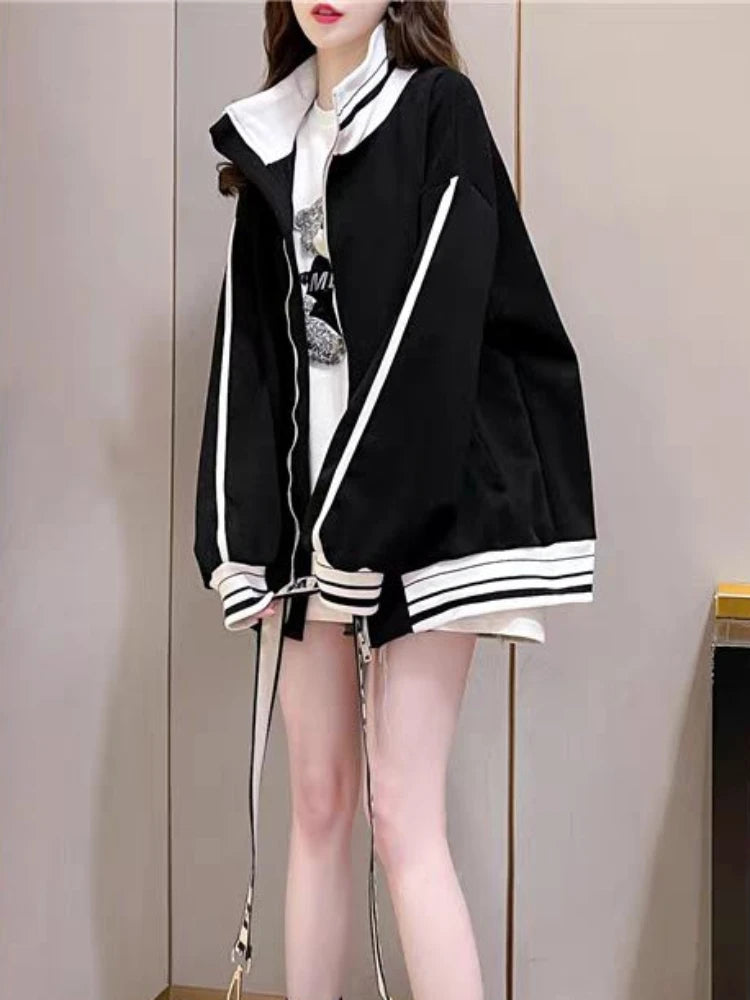 Female Clothes Black Sweatshirts for Women Full Zip Up Tops with Zipper Coat Striped Y2k Hoodie 2000s Long Sleeve Style Matching