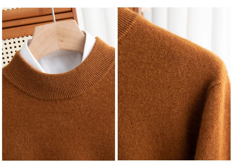 New Fashion Men's 100% Wool Pullover Half-high Collar Sweater Autumn Winter Warm Solid Color Knit Sweater Business Casual Top