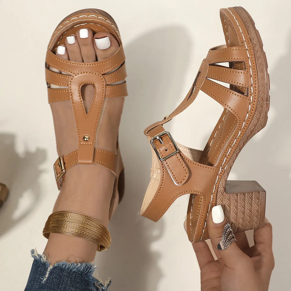 Summer 2024 Fashion Buckle Sandals for Women High Heels Comfortable Outdoor Party Non-slip Plus Size Shoes Sandalias 35-43