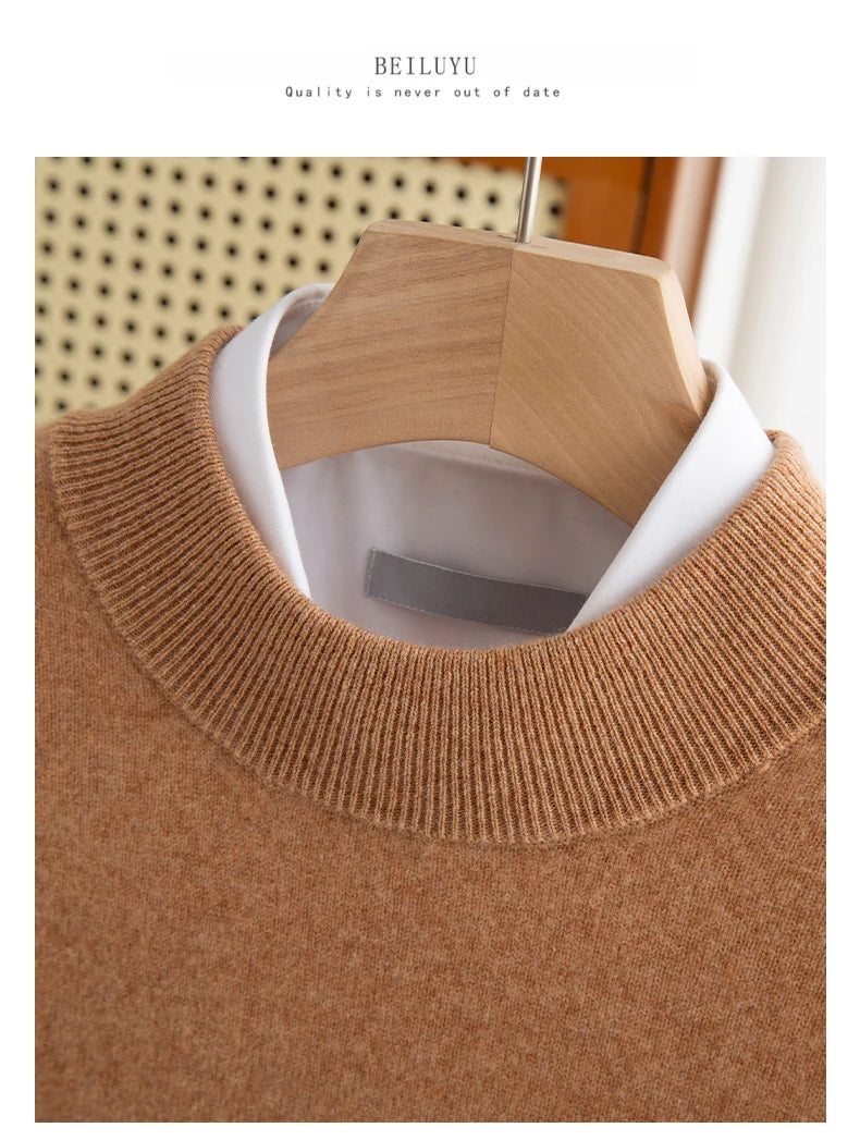 New Fashion Men's 100% Wool Pullover Half-high Collar Sweater Autumn Winter Warm Solid Color Knit Sweater Business Casual Top