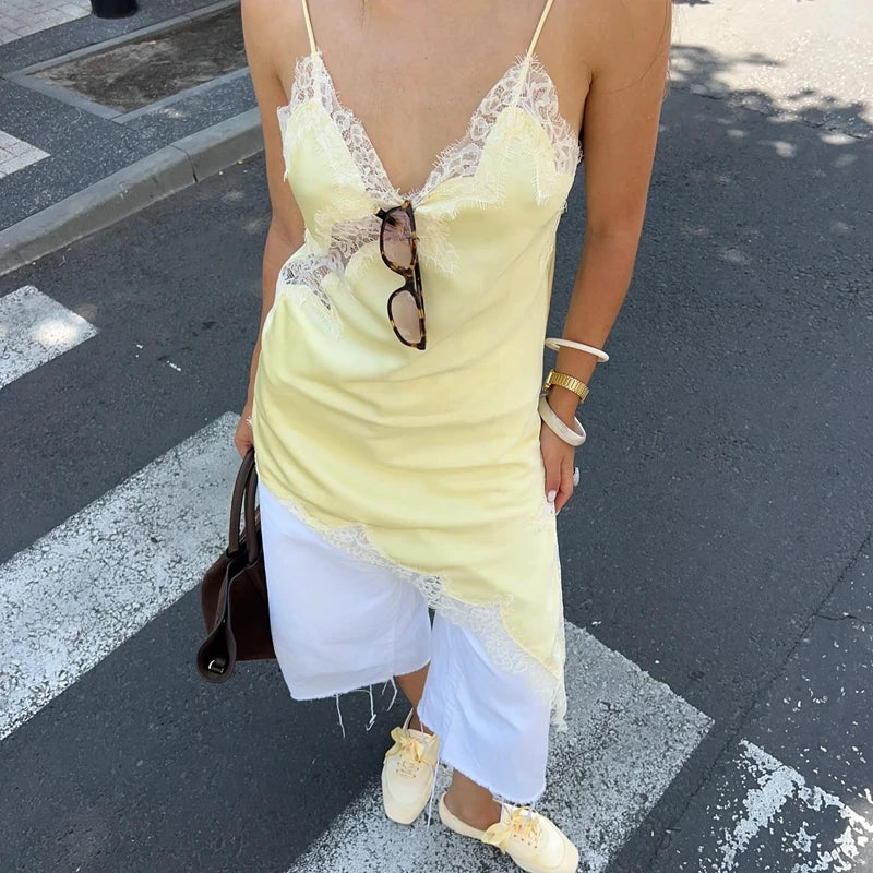 Combhasaki Women Floral Lace Trim Satin High Low Vest Silk Spaghetti Strap Side Split Asymmetrical Cami Flowy Silky Layering Top
