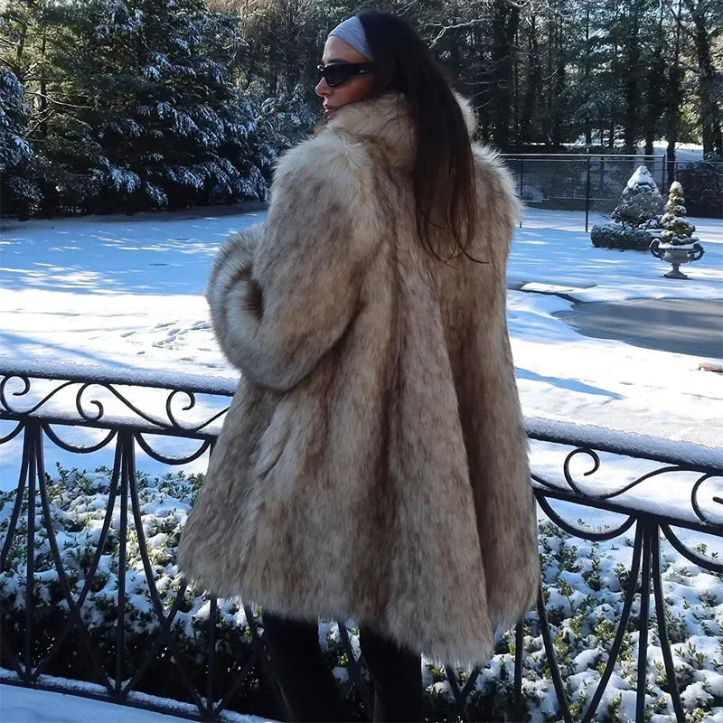 Winter Lady Luxurious Lapel Faux Fur Coats Fashion High Street Long Sleeve Oversize Cardigan Jacket Thick Warm Female Outerwear