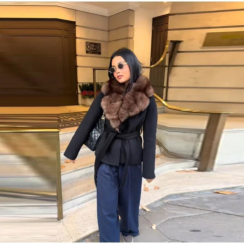 Elegant Shawl Faux Fur Women Coat Lace Up Full Sleeve Belted Waist Lapel Woolen Female Jacket 2025 Autumn Winter Lady Outwears