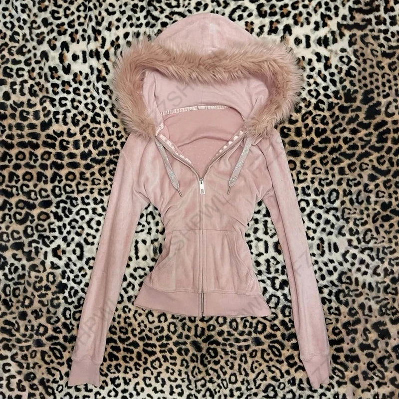 Y2K Aesthetic Women's Autumn Winter Fur Collar Sweatshirt Harajuku Gothic Punk Rock Hottie Sweatshirt Jacket Emo Girl Streetwear