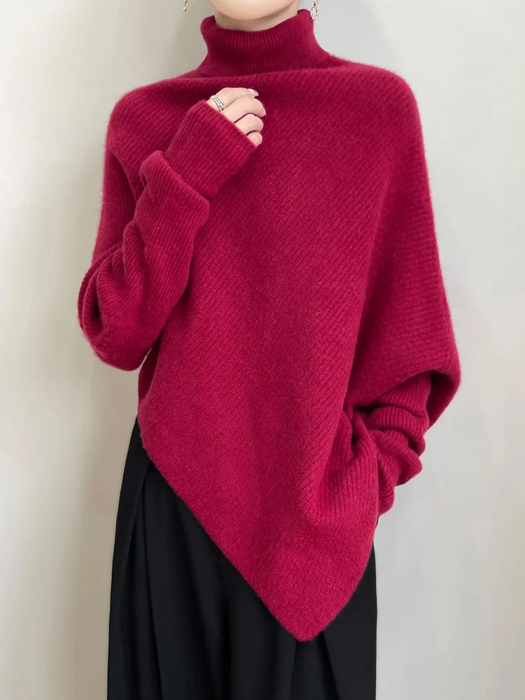 100% Merino Wool Autumn Winter Batwing Sleeves High Neck Pullover Long Sleeve Knitwear Trendy Stylish Warm Women Cashmere Top