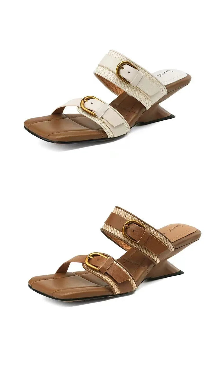 Vintage Braided Belt Buckle Open Toe Wedges Women's Summer New Square-toed High-heeled Slippers