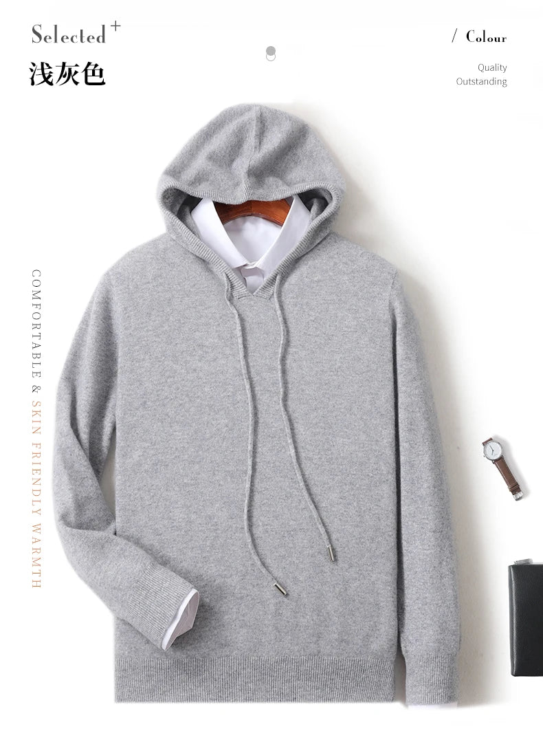 Fall/Winter 100% Pure Wool Men's Hooded Loose Thick Sweater Fashion Long Sleeve Casual Knit Top