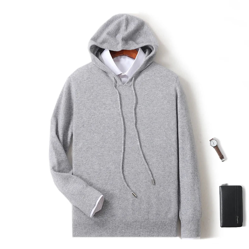 Fall/Winter 100% Pure Wool Men's Hooded Loose Thick Sweater Fashion Long Sleeve Casual Knit Top