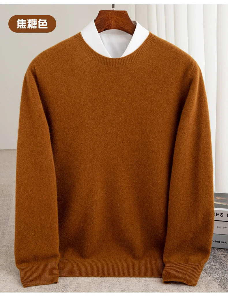 Autumn And Winter 100% Pure Wool Men's Thick Round Neck Slim-Fit  O-neck Pullover Long-Sleeved Knitted Cashmere Sweater