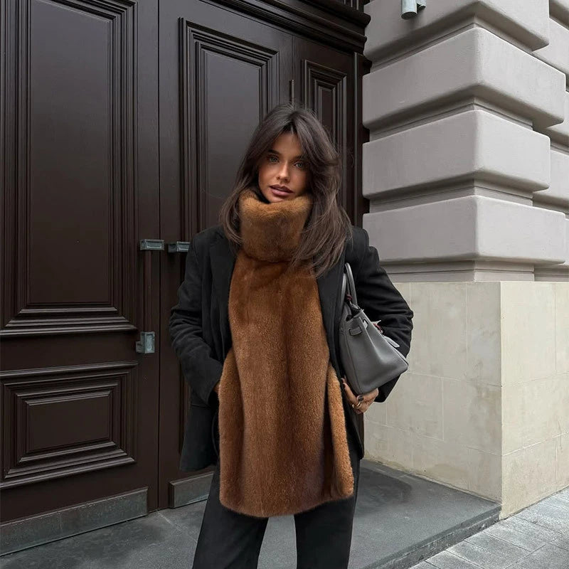 Elegant Shawl Faux Fur Women Coat Lace Up Full Sleeve Belted Waist Lapel Woolen Female Jacket 2025 Autumn Winter Lady Outwears