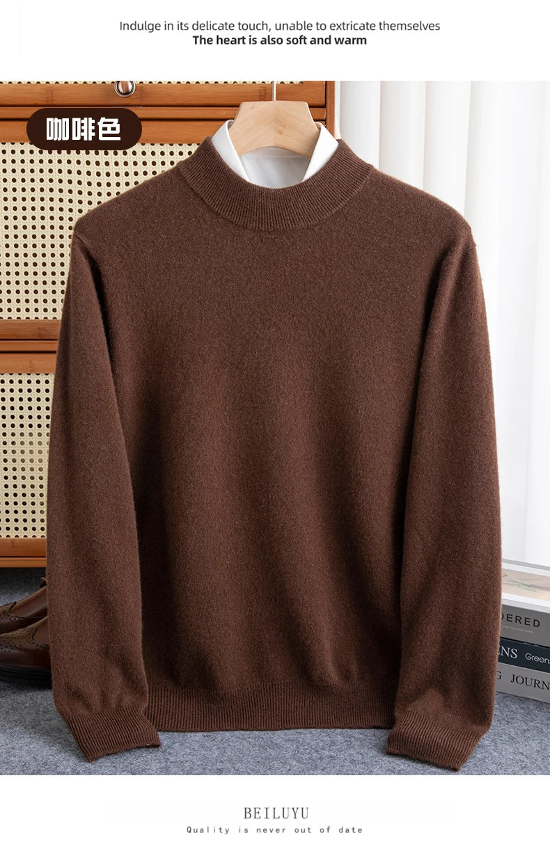 New Fashion Men's 100% Wool Pullover Half-high Collar Sweater Autumn Winter Warm Solid Color Knit Sweater Business Casual Top