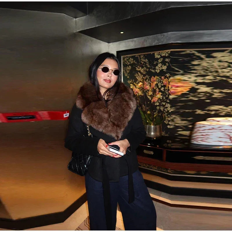 Elegant Shawl Faux Fur Women Coat Lace Up Full Sleeve Belted Waist Lapel Woolen Female Jacket 2025 Autumn Winter Lady Outwears