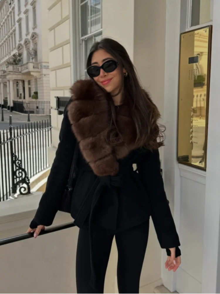 Elegant Shawl Faux Fur Women Coat Lace Up Full Sleeve Belted Waist Lapel Woolen Female Jacket 2025 Autumn Winter Lady Outwears