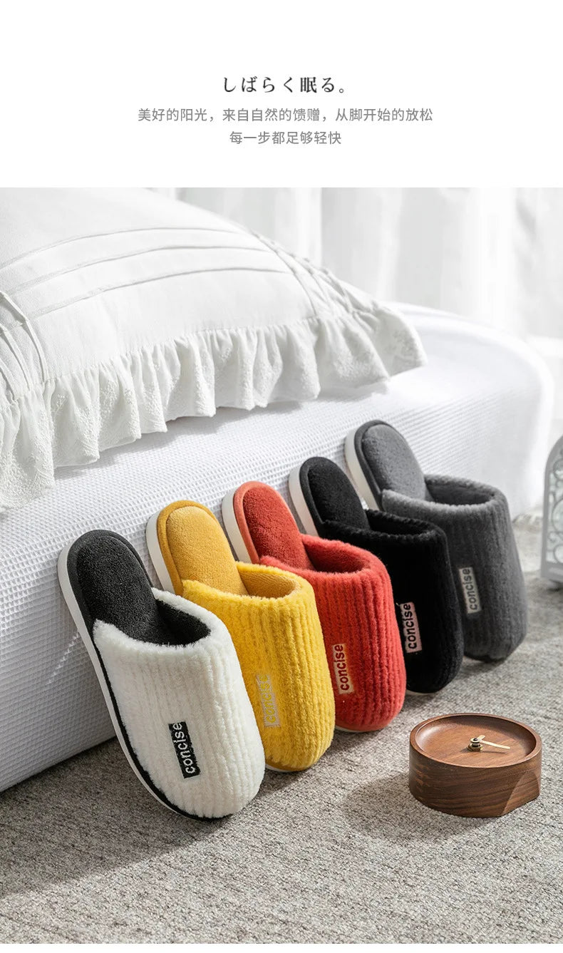 Indoor Slippers Women Men Autumn Winter Thick Sole House Warm Fur Shoes Couples Home Non-Slip Large Size Men'S Cotton Slippers