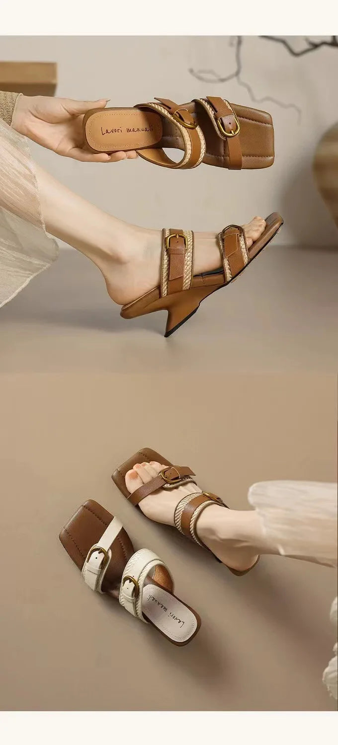Vintage Braided Belt Buckle Open Toe Wedges Women's Summer New Square-toed High-heeled Slippers