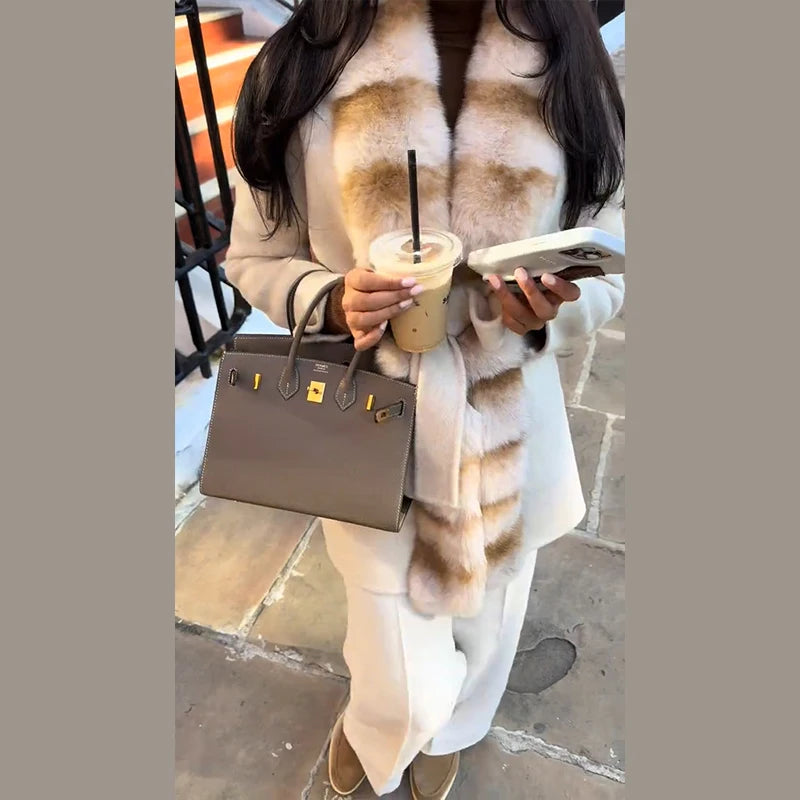 Elegant Shawl Faux Fur Women Coat Lace Up Full Sleeve Belted Waist Lapel Woolen Female Jacket 2025 Autumn Winter Lady Outwears