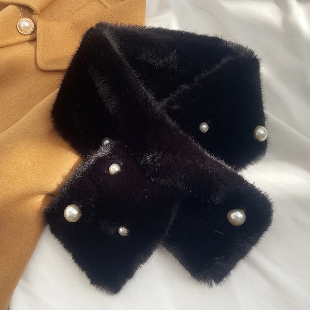 Women Winter Warm Thicken Cross Collar Scarf Solid Color Faux Rabbit Fur Cold Proof Scarves Fashion Soft Furry Neck Warmer