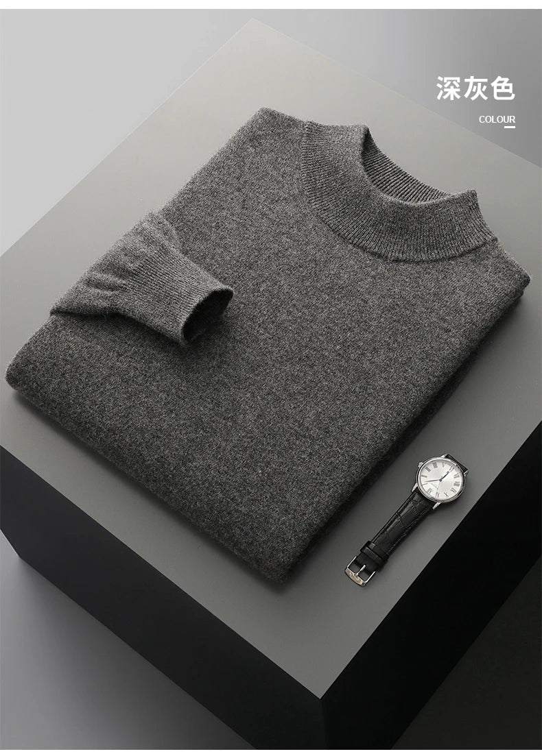 Autumn and winter men's cashmere sweater stand up collar long sleeved pullover soft and warm 100% Merino wool knitted top