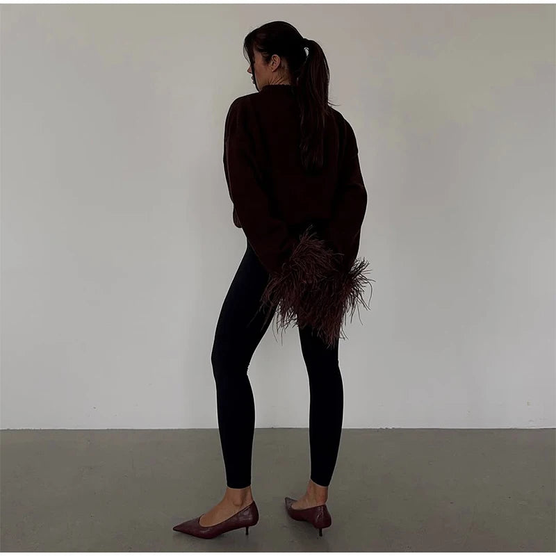 Feather Patchwork Knitted Cardigan Women Chic O-neck Long Sleeve Single-breasted Short Sweater 2025 Lady High Street Knitwear 