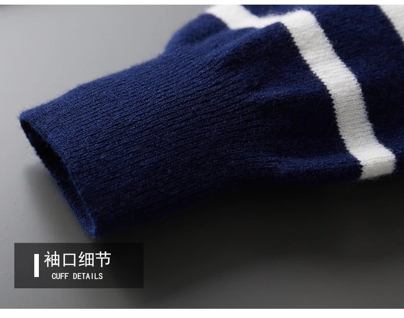 Men's New 100% Pure Wool Sweater O-neck Navy Style Striped Top Spring and Autumn Loose Youth Business Casual Cashmere Sweater