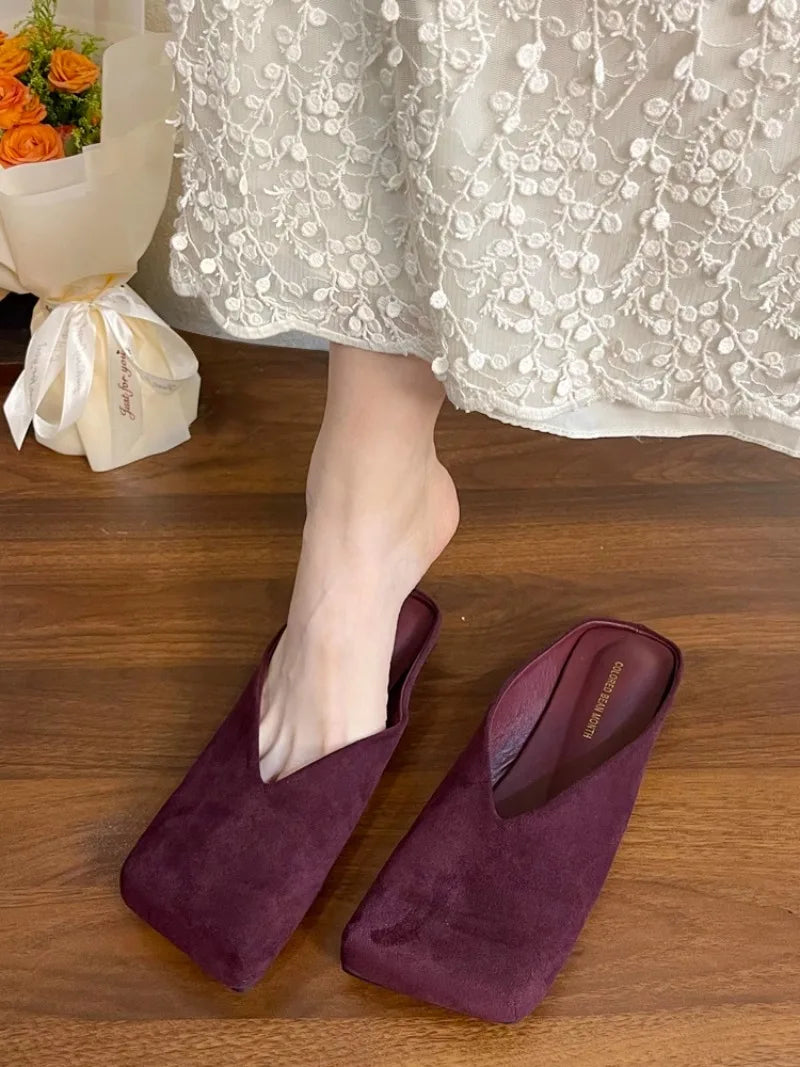 Suede Flats Women Cotton Slippers Square Toe Fashion Mules Shoes Casual Slingback Women's Winter Boots Trend Mujer Zapatos