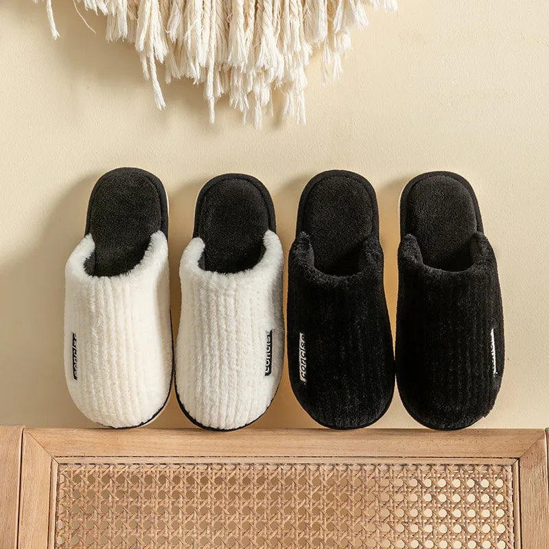 Indoor Slippers Women Men Autumn Winter Thick Sole House Warm Fur Shoes Couples Home Non-Slip Large Size Men'S Cotton Slippers