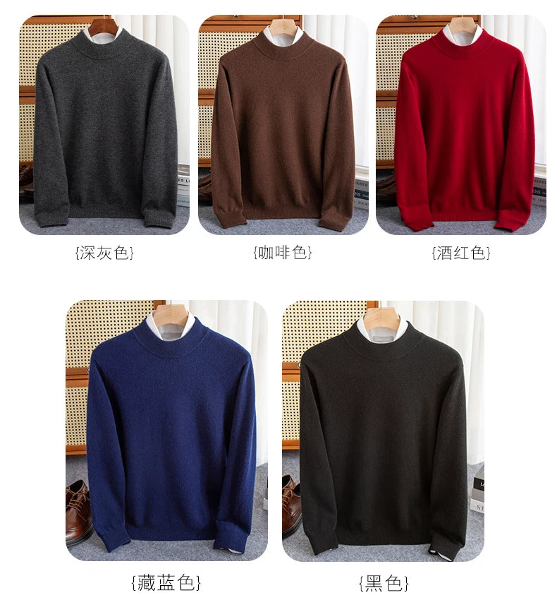 New Fashion Men's 100% Wool Pullover Half-high Collar Sweater Autumn Winter Warm Solid Color Knit Sweater Business Casual Top
