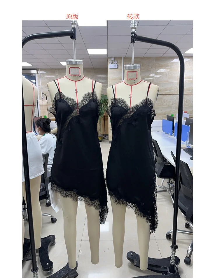 Combhasaki Women Floral Lace Trim Satin High Low Vest Silk Spaghetti Strap Side Split Asymmetrical Cami Flowy Silky Layering Top