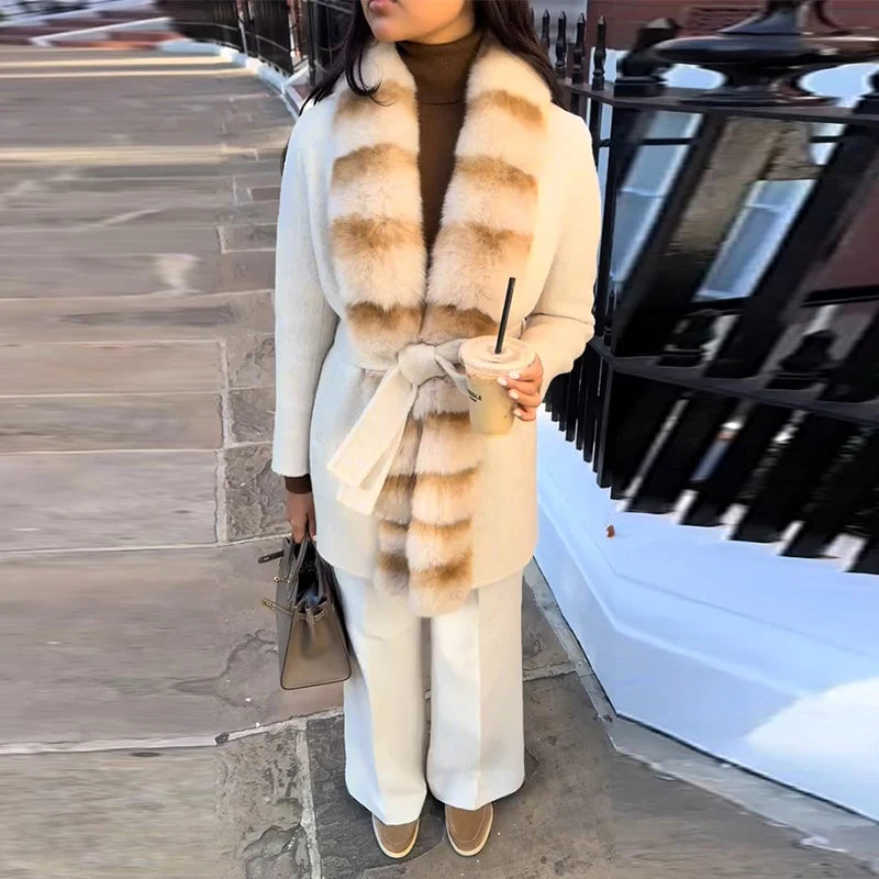 Elegant Shawl Faux Fur Women Coat Lace Up Full Sleeve Belted Waist Lapel Woolen Female Jacket 2025 Autumn Winter Lady Outwears