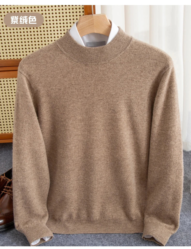 New Fashion Men's 100% Wool Pullover Half-high Collar Sweater Autumn Winter Warm Solid Color Knit Sweater Business Casual Top
