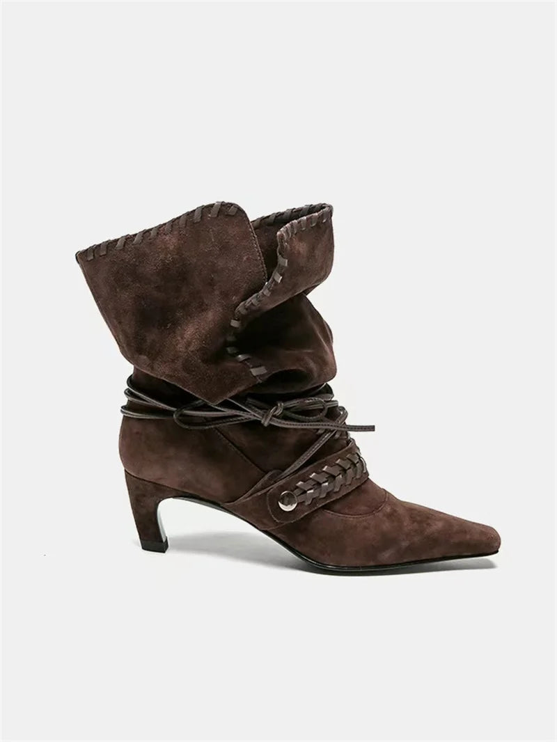 Liyke Autumn Winter Brown Suede Weave Lace-up Women Fold Pleated Ankle Boots Fashion Thin Low Heels Chelsea Western Ladies Shoes