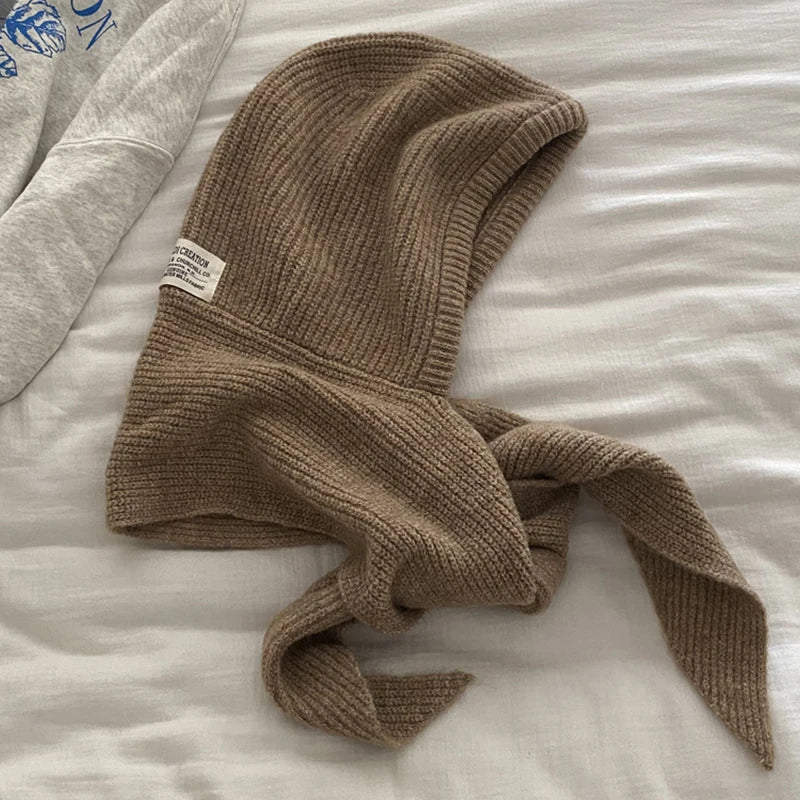 Winter Y2K Wool Knitted Balaclava Hat Fashion Fake Collar Shawl Hooded Hat Outdoor Pullover One-piece Neck Collar Warm Beanies
