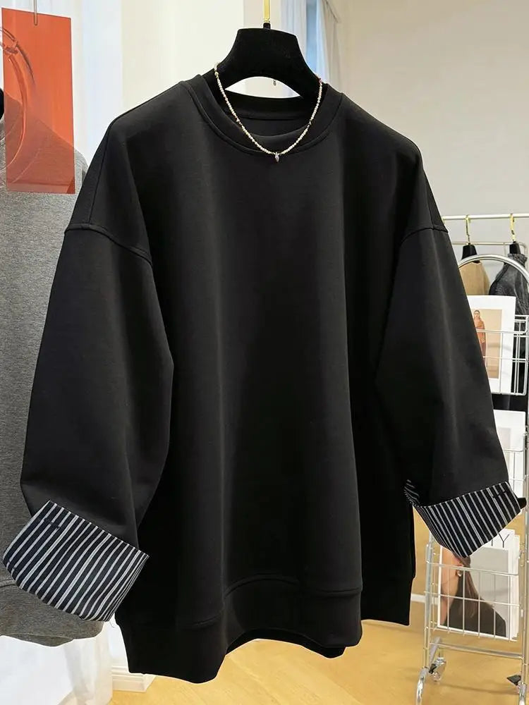 Autumn and Winter Women's Pullover Round Neck Hoodie Lazy Style Splicing Design Fake Two Piece Loose Long Sleeve Tops