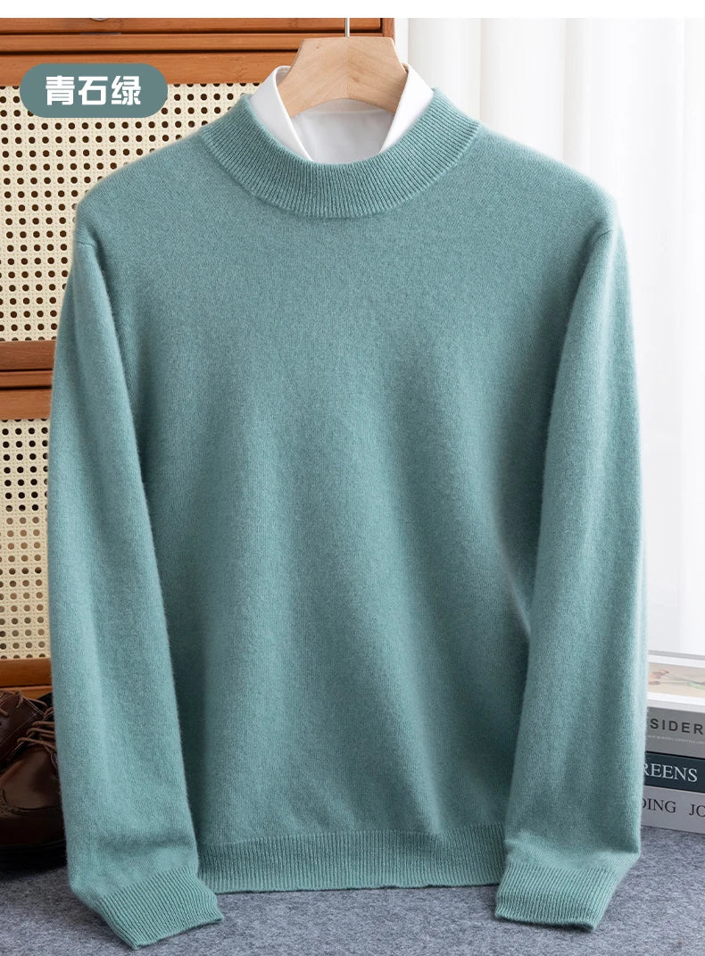 New Fashion Men's 100% Wool Pullover Half-high Collar Sweater Autumn Winter Warm Solid Color Knit Sweater Business Casual Top