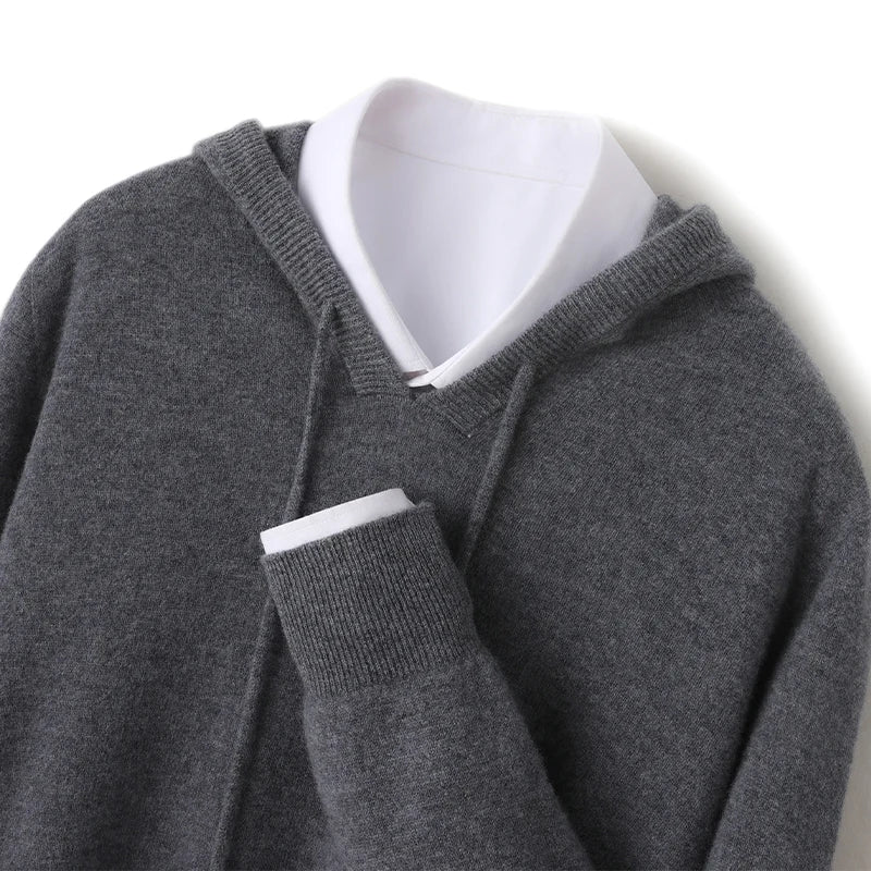 Fall/Winter 100% Pure Wool Men's Hooded Loose Thick Sweater Fashion Long Sleeve Casual Knit Top